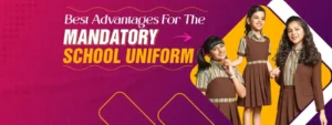 Three schoolgirls in brown striped uniforms showcasing the advantages of mandatory school uniforms.