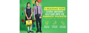 Two students in school uniforms promoting cost-saving benefits with Value School Uniforms branding