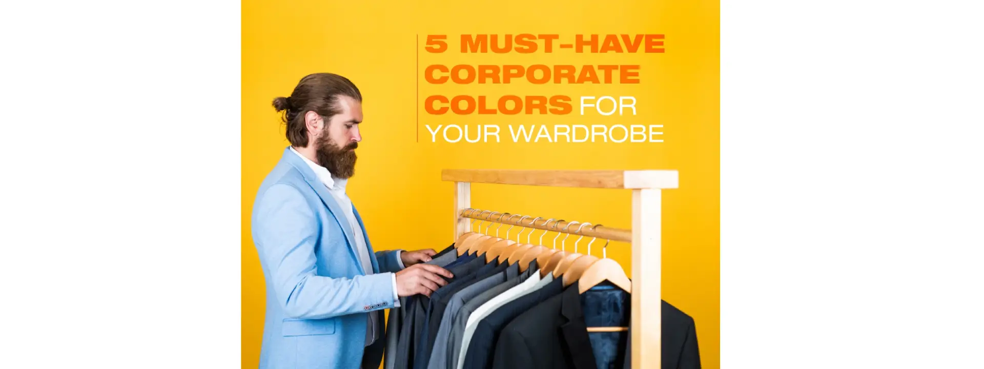 Professional man selecting corporate color suits from wardrobe rack with yellow background