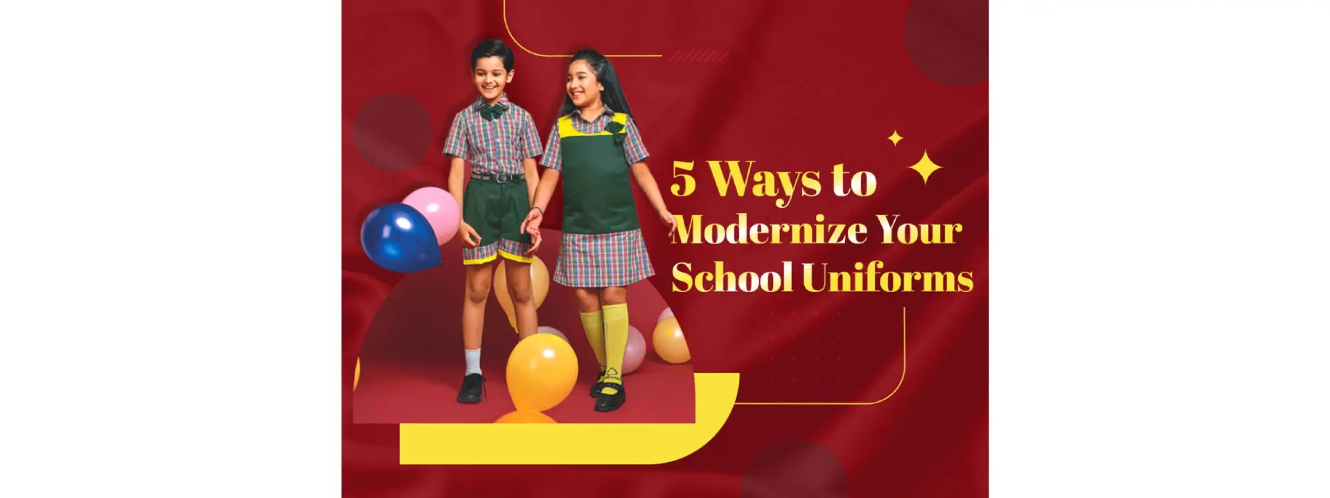 Two children in modern school uniforms with colorful balloons and a red background