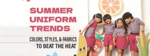 Kids wearing summer school uniforms with colorful striped shirts and pink bottoms